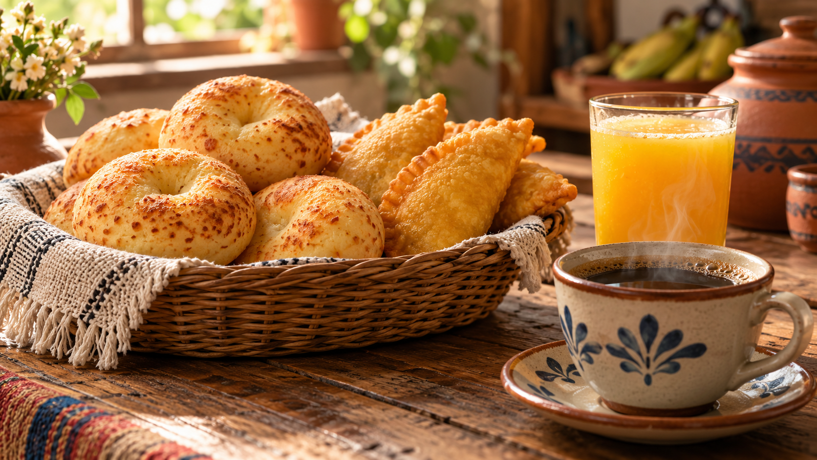 Illustrative still life of golden pandebono cheese bread, empanadas, black coffee, and pressed orange juice on a wooden counter