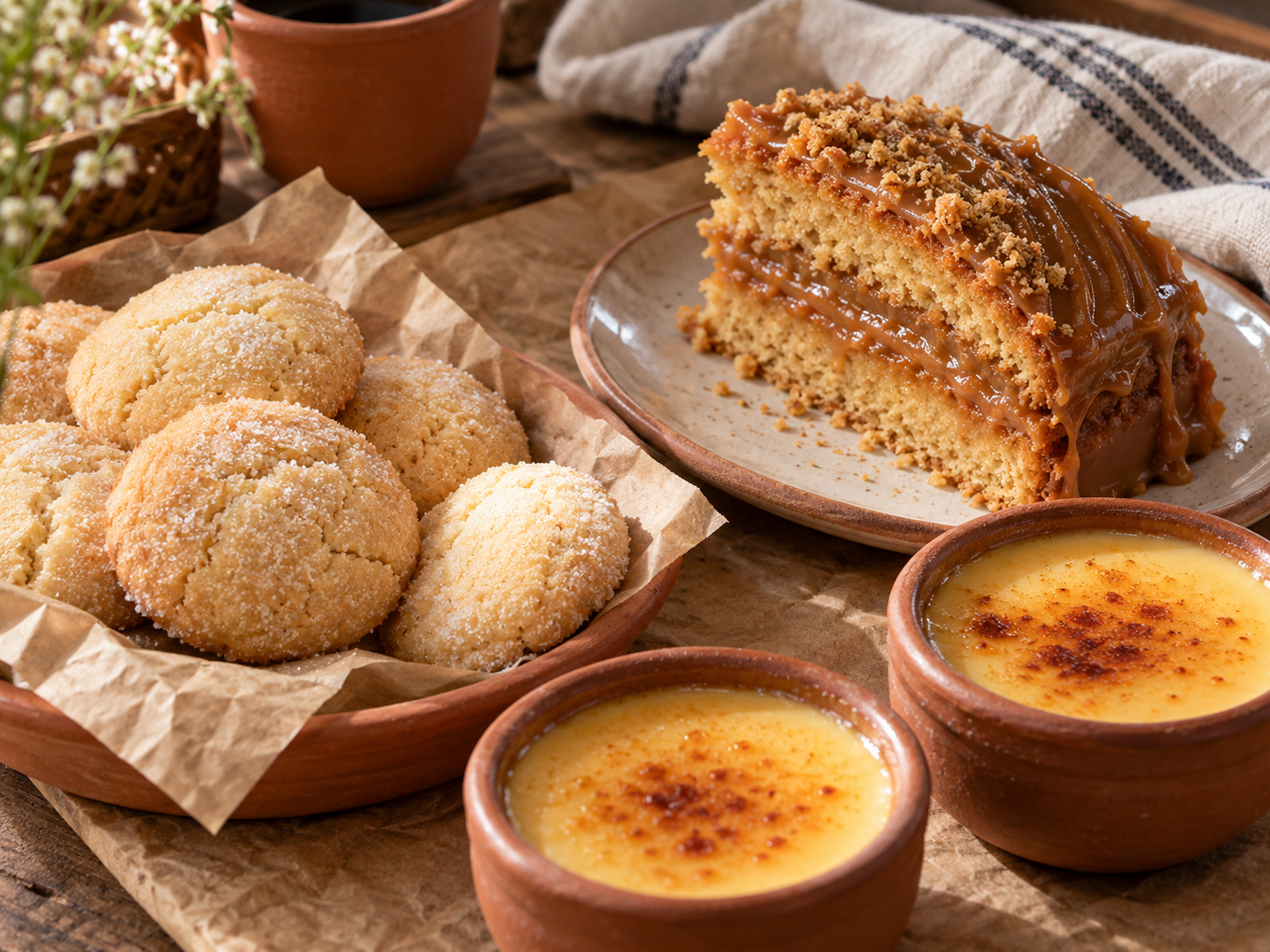Illustrative overhead of cookies, caramel cake, and custard cups on kraft paper